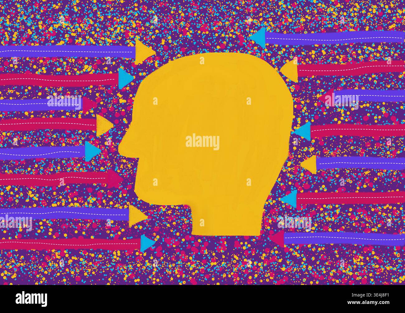 Colorful abstract illustration of a human head profile against rhythmic lines like encoded signals, symbolizing information processing, data flow and Stock Photo