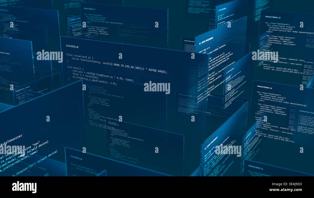 Multiple screens show programming code related to artificial intelligence processing. Stock Photo