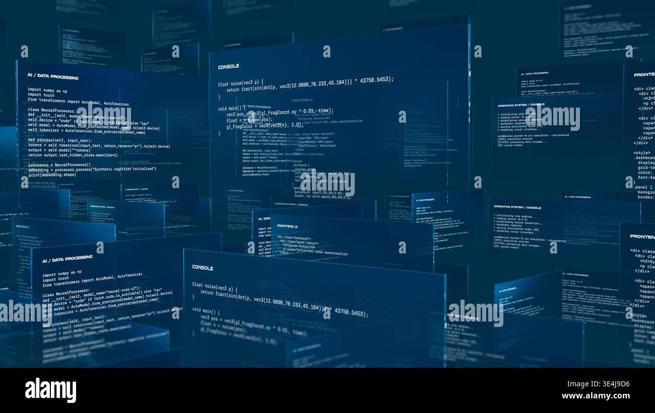 Multiple screens show programming code related to artificial intelligence processing. Stock Photo