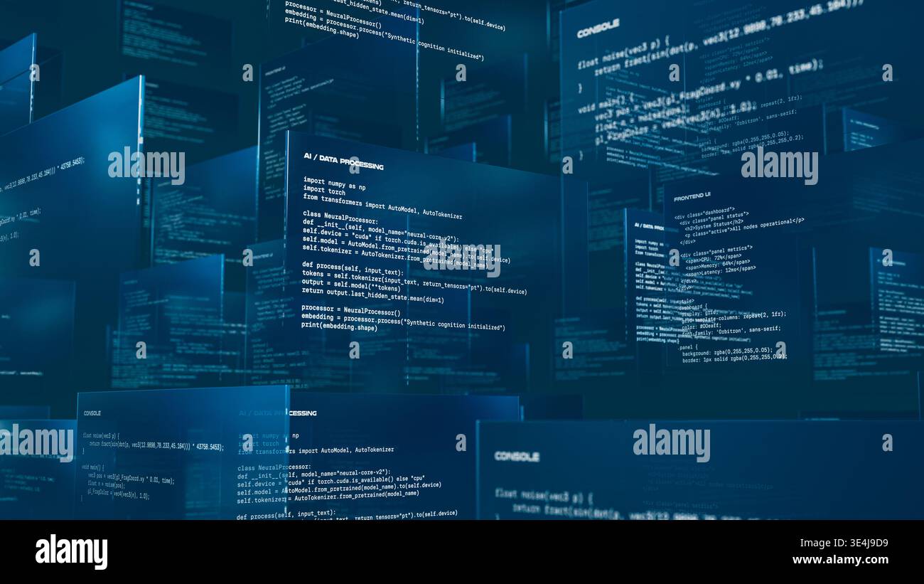 Programming Screens Many Windows Code Multiple screens show programming code related to artificial ...