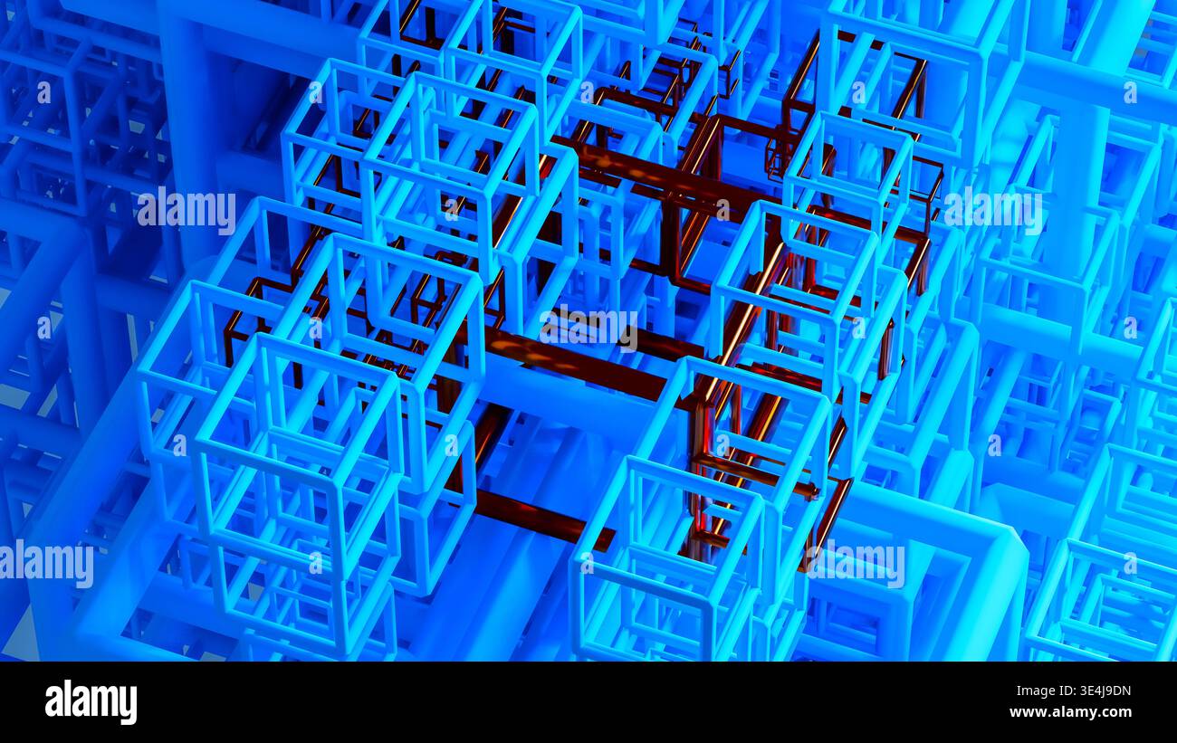 Background of a vast arrangement of 3D geometric shapes, primarily cubes, in a complex pattern. The focus is on the interplay of blue and red elements Stock Photo