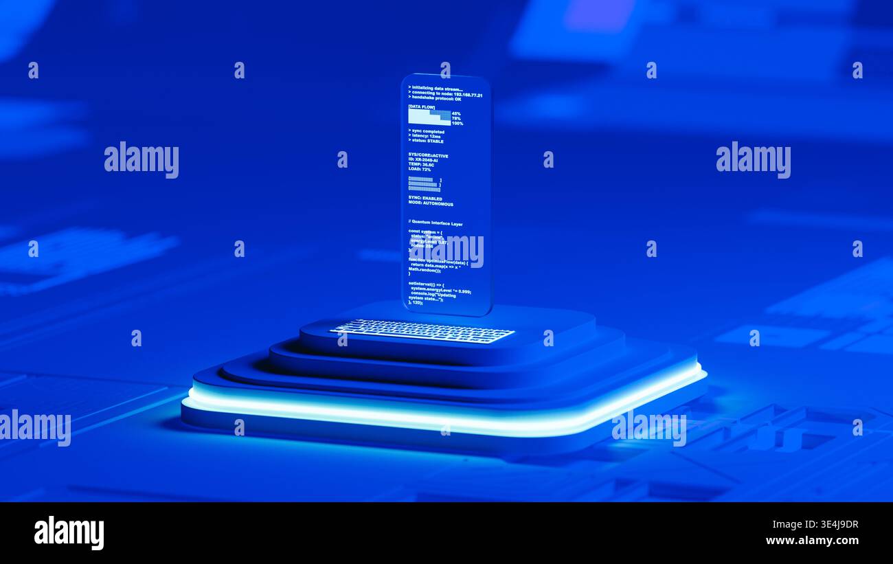 A glass screen shows programming code in a blue 3D space. The design has layers and a modern look. The setup highlights technology and code. Stock Photo