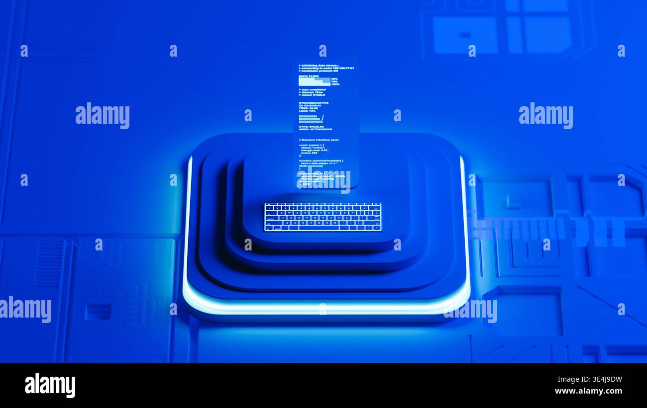 A glass screen shows programming code in a blue 3D space. The design has layers and a modern look. The setup highlights technology and code. Stock Photo