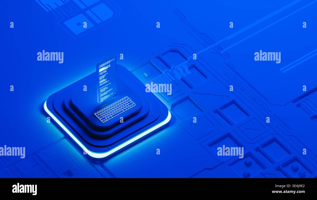 A glass screen shows programming code in a blue 3D space. The design has layers and a modern look. The setup highlights technology and code. Stock Photo