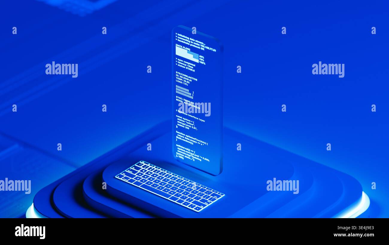 A glass screen shows programming code in a blue 3D space. The design has layers and a modern look. The setup highlights technology and code. Stock Photo