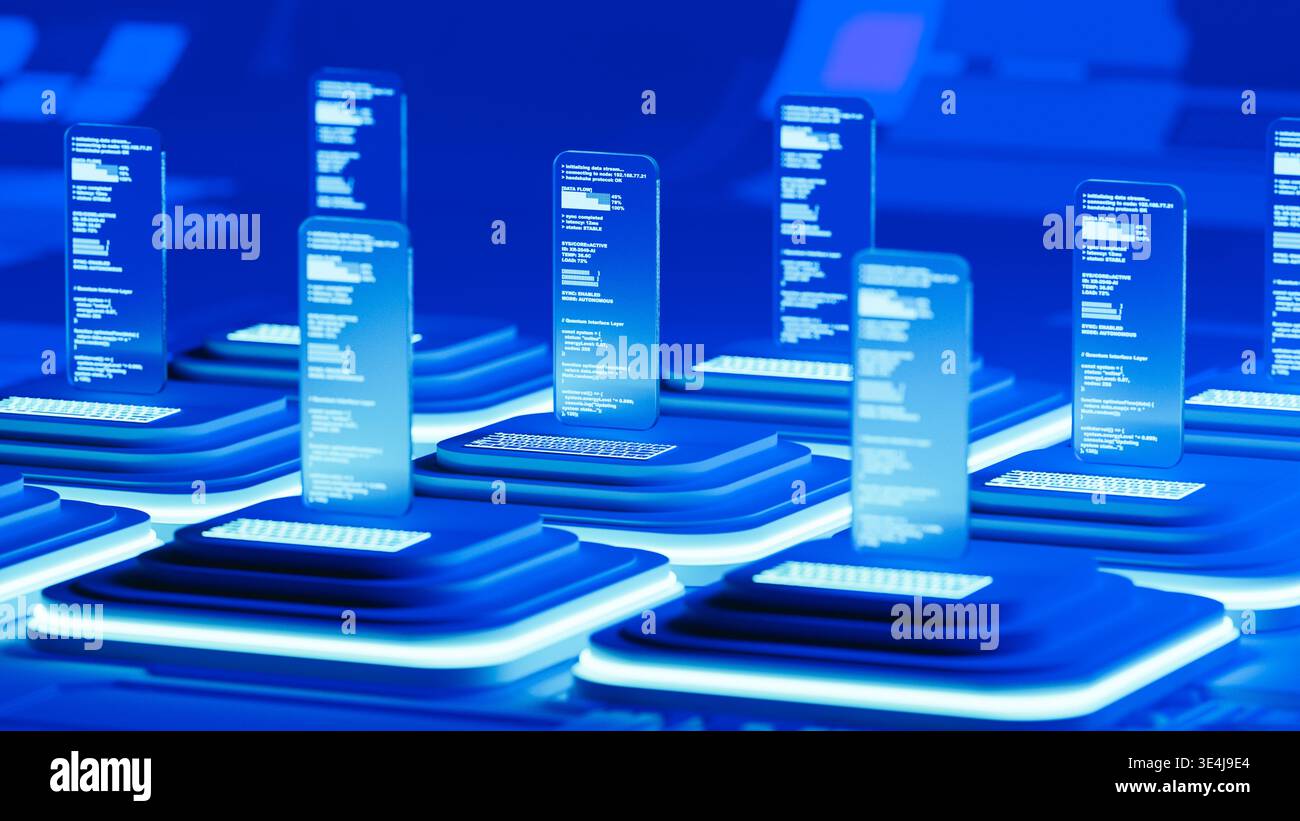 A glass screen shows programming code in a blue 3D space. The design has layers and a modern look. The setup highlights technology and code. Stock Photo