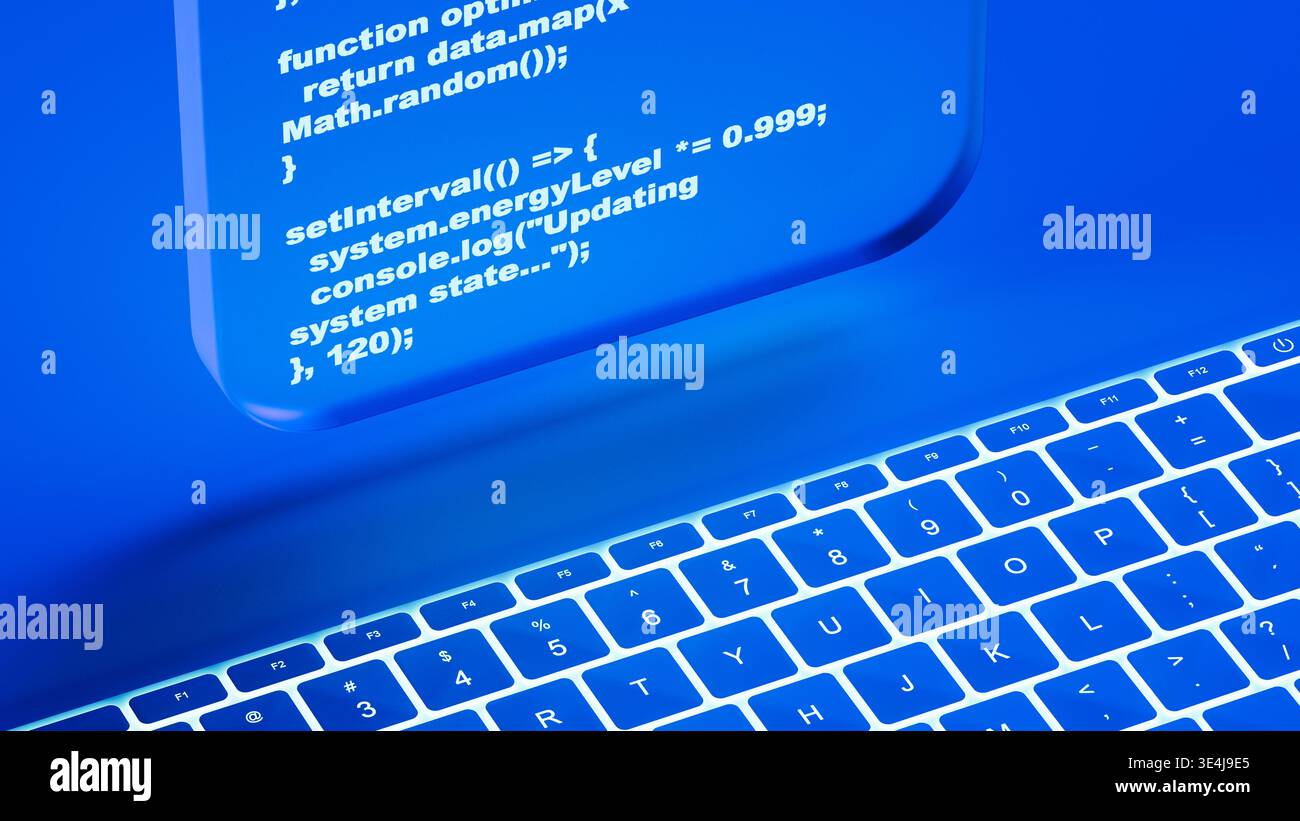A glass screen shows programming code in a blue 3D space. The design has layers and a modern look. The setup highlights technology and code. Stock Photo