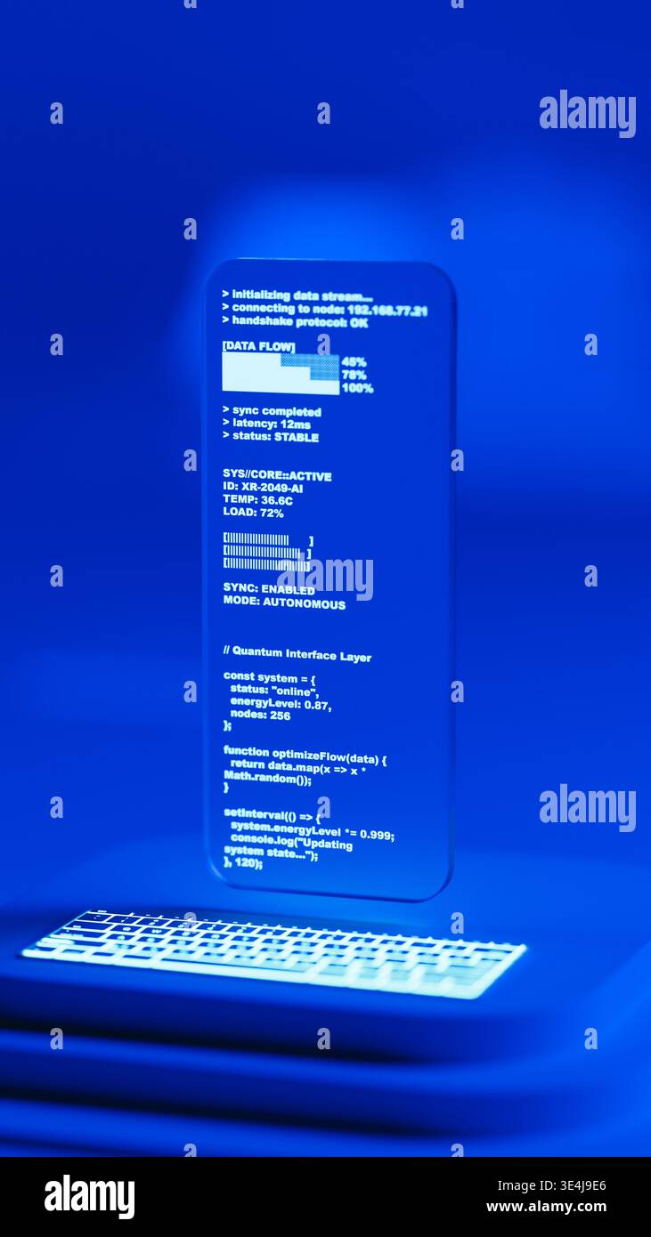 A glass screen shows programming code in a blue 3D space. The design has layers and a modern look. The setup highlights technology and code. Stock Photo