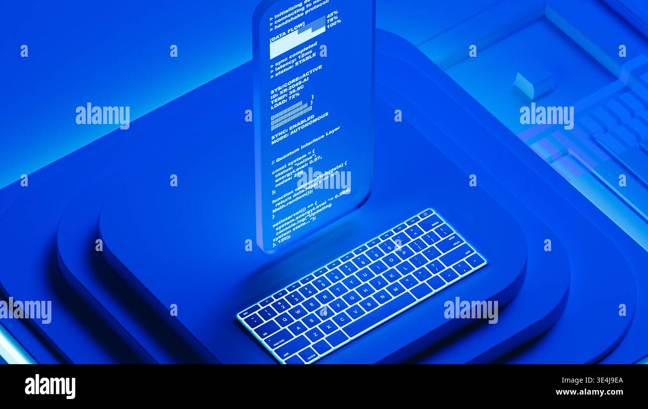 A glass screen shows programming code in a blue 3D space. The design has layers and a modern look. The setup highlights technology and code. Stock Photo