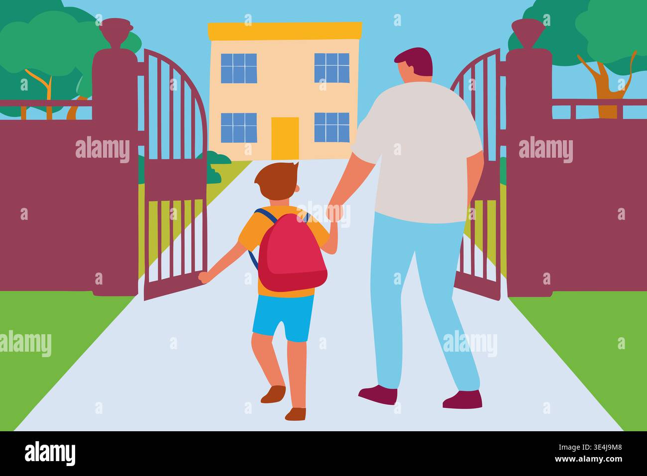 A father and son walk together, holding hands, as they head towards home for virtual school. The boy has a backpack and is ready for online classes in Stock Photo