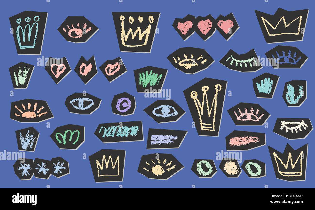 Hand-drawn heart with crown and arrow in chalk sketch style. Rough brush strokes and grunge texture create authentic doodle elements for creative Stock Vector