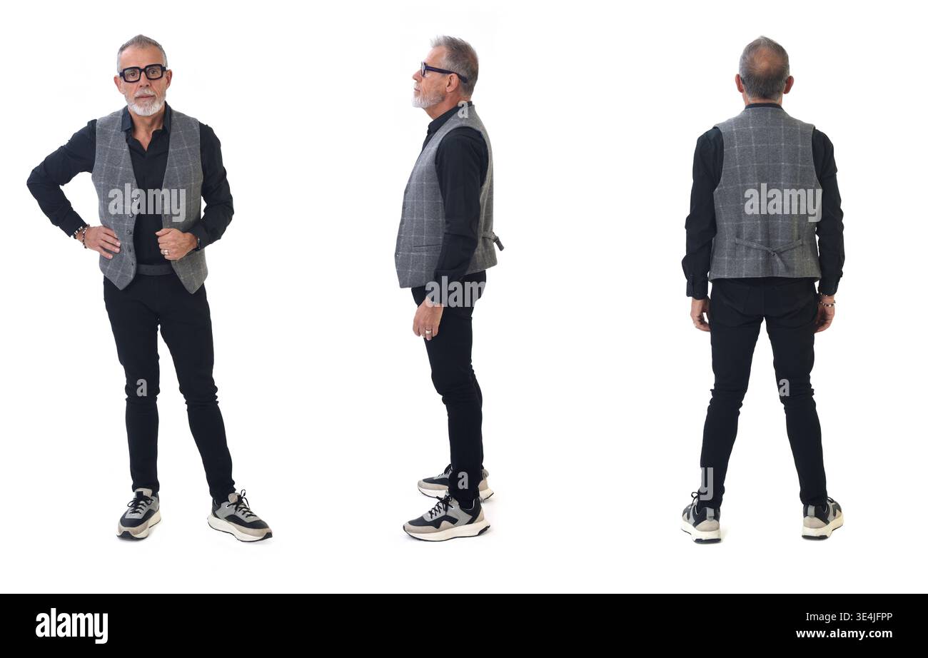 front, side and back of same mature man standing on white background Stock Photo