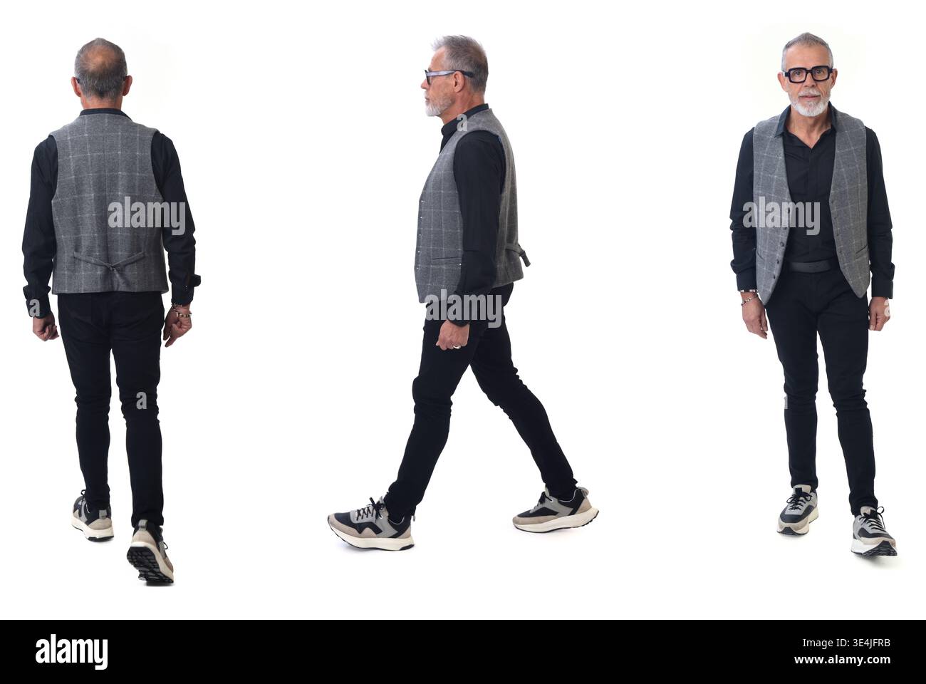 back, side and front view of the same mature man walking on a white background Stock Photo