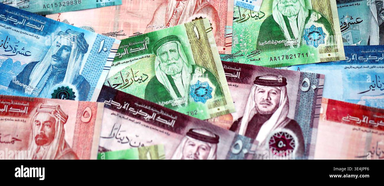 Jordanian Dinar currency money bills. JOD currency banknotes in stack with different denomination close up Stock Photo