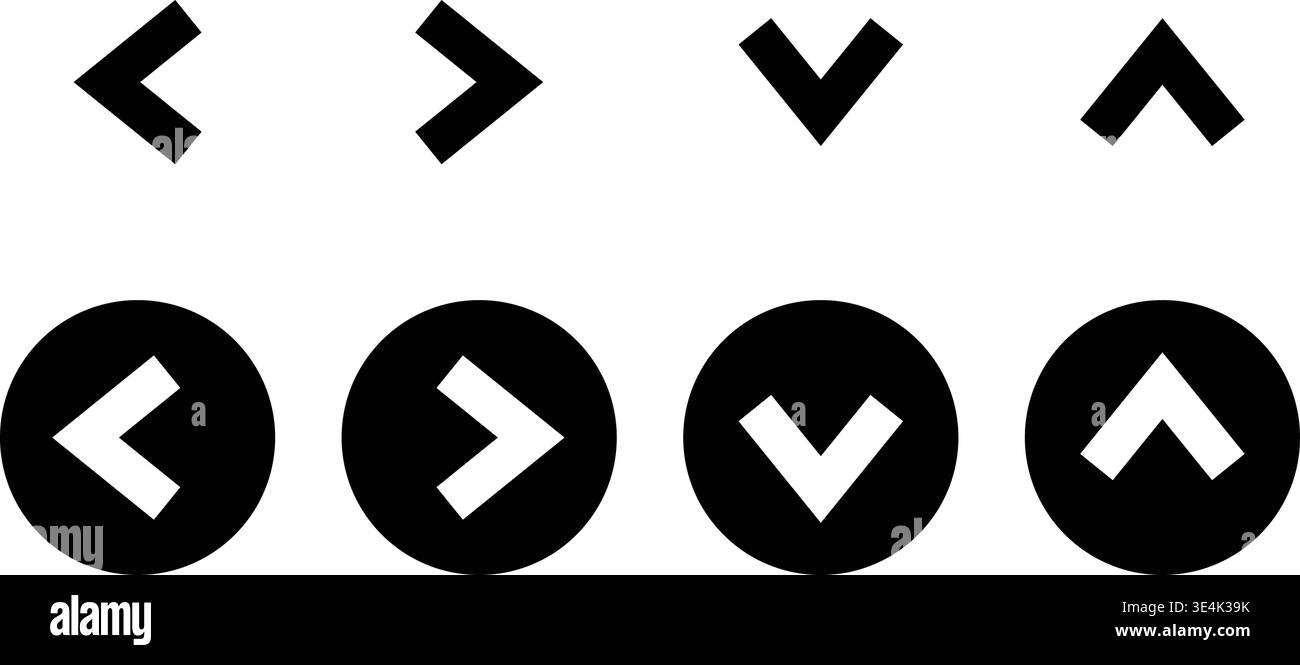 These simple black navigational arrow icons are displayed in two rows with variations featuring solid and circular button style shapes. Stock Vector