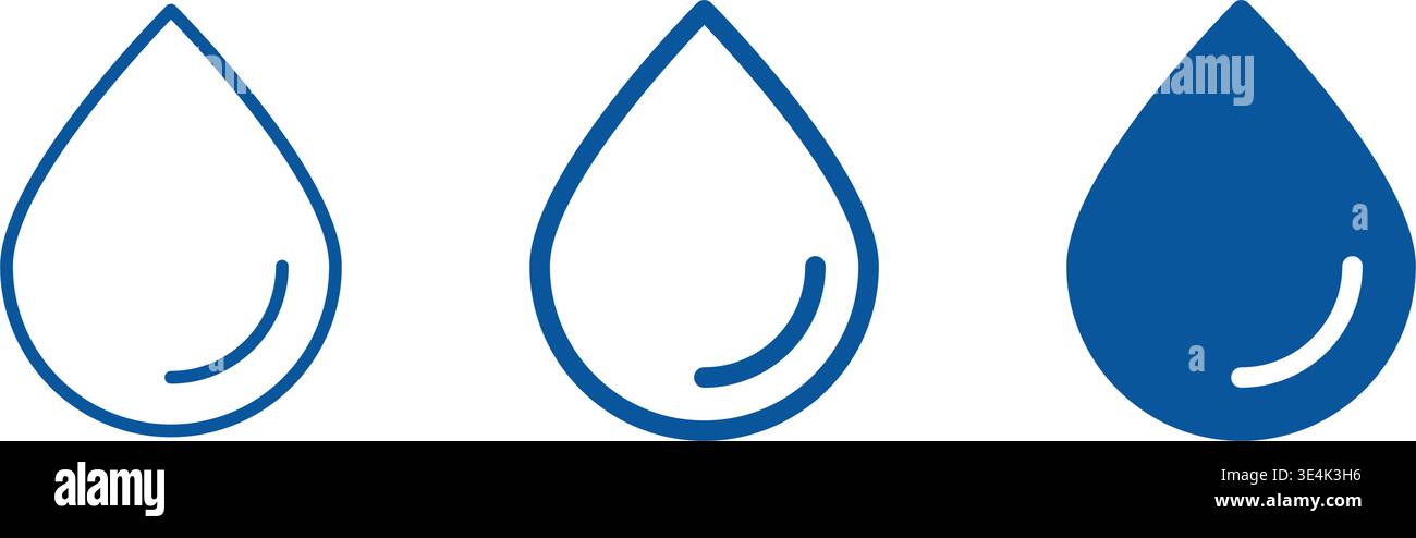 A set of three blue water drop icons displaying outline, medium stroke ...