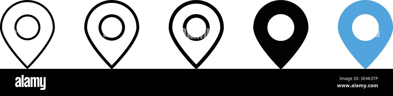 Five distinct variations of map pin symbols showing different outline ...