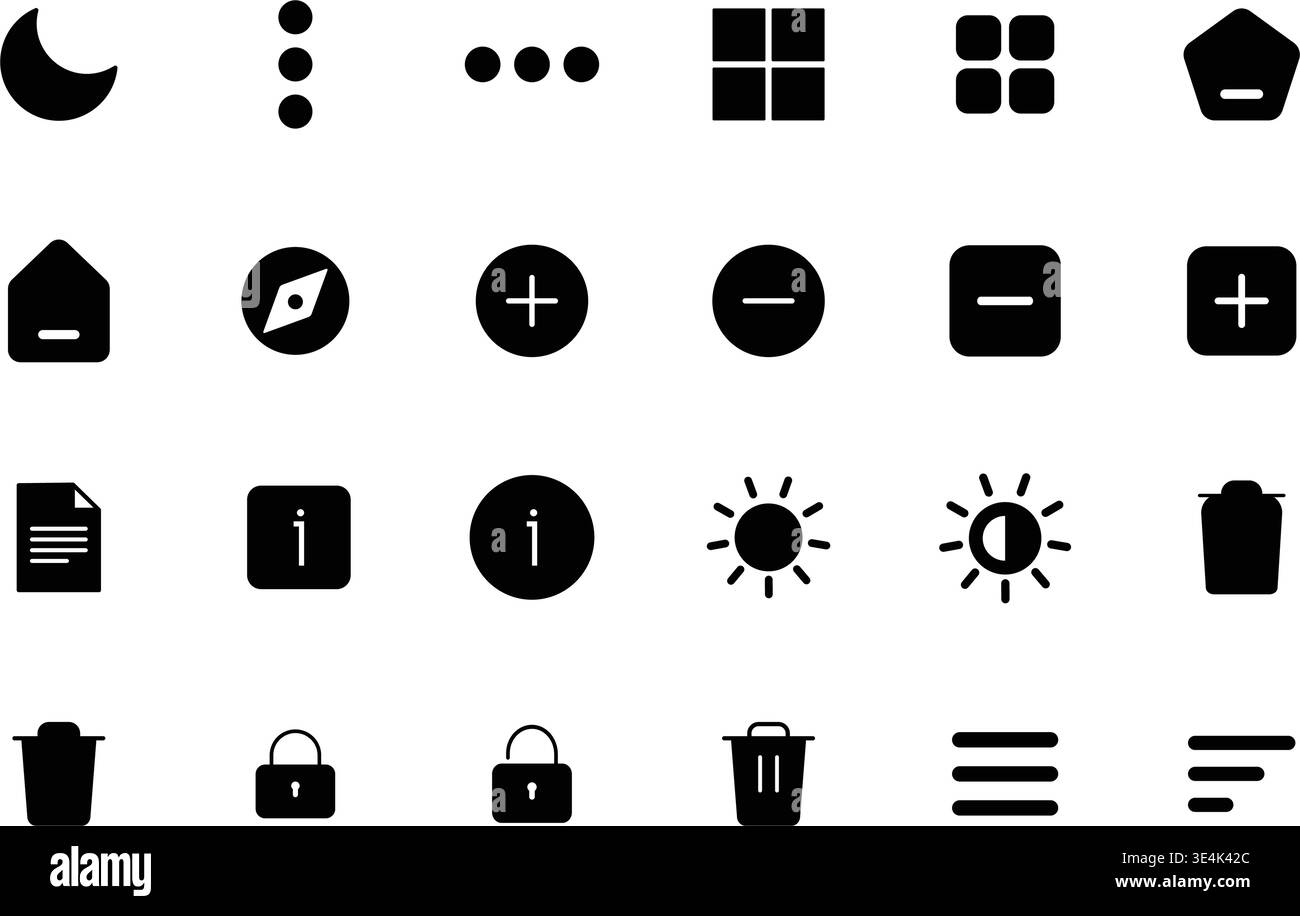 A comprehensive set of monochrome user interface symbols featuring common shapes and navigational elements for modern digital application design proje Stock Vector