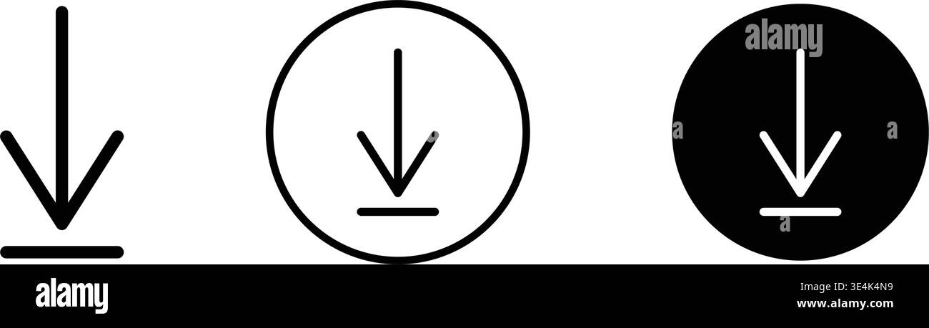 A collection of three distinct download arrow icons showing a plain version alongside both outlined and solid circular variants. Stock Vector