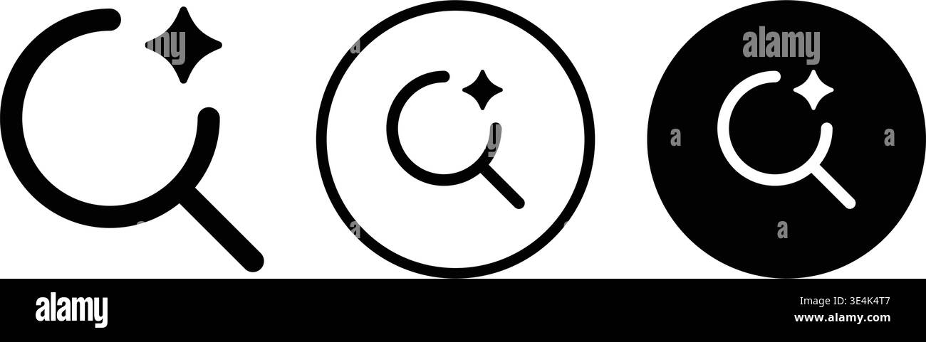 A collection of three minimalist magnifying glass icons featuring a small star symbol representing search optimization or content discovery tools. Stock Vector