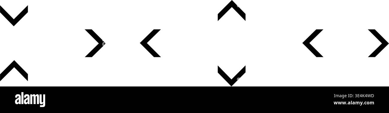 Black chevron arrow icons arranged in multiple orientations representing navigational elements for user interfaces and digital design layout systems. Stock Vector