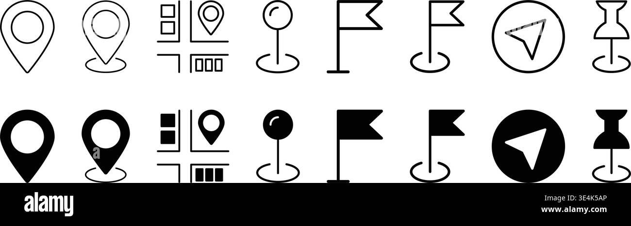 A collection of black and white navigation icons featuring location ...