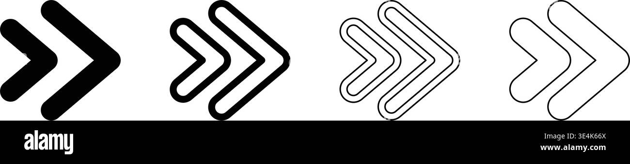 Four distinct variations of double chevron arrow symbols designed for user interface navigation, direction, and progress indicators in web application Stock Vector