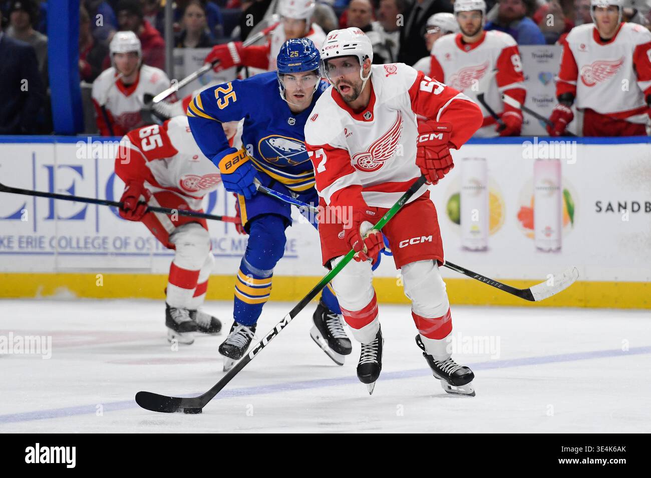 Detroit Red Wings left wing David Perron, right, skates the puck away ...