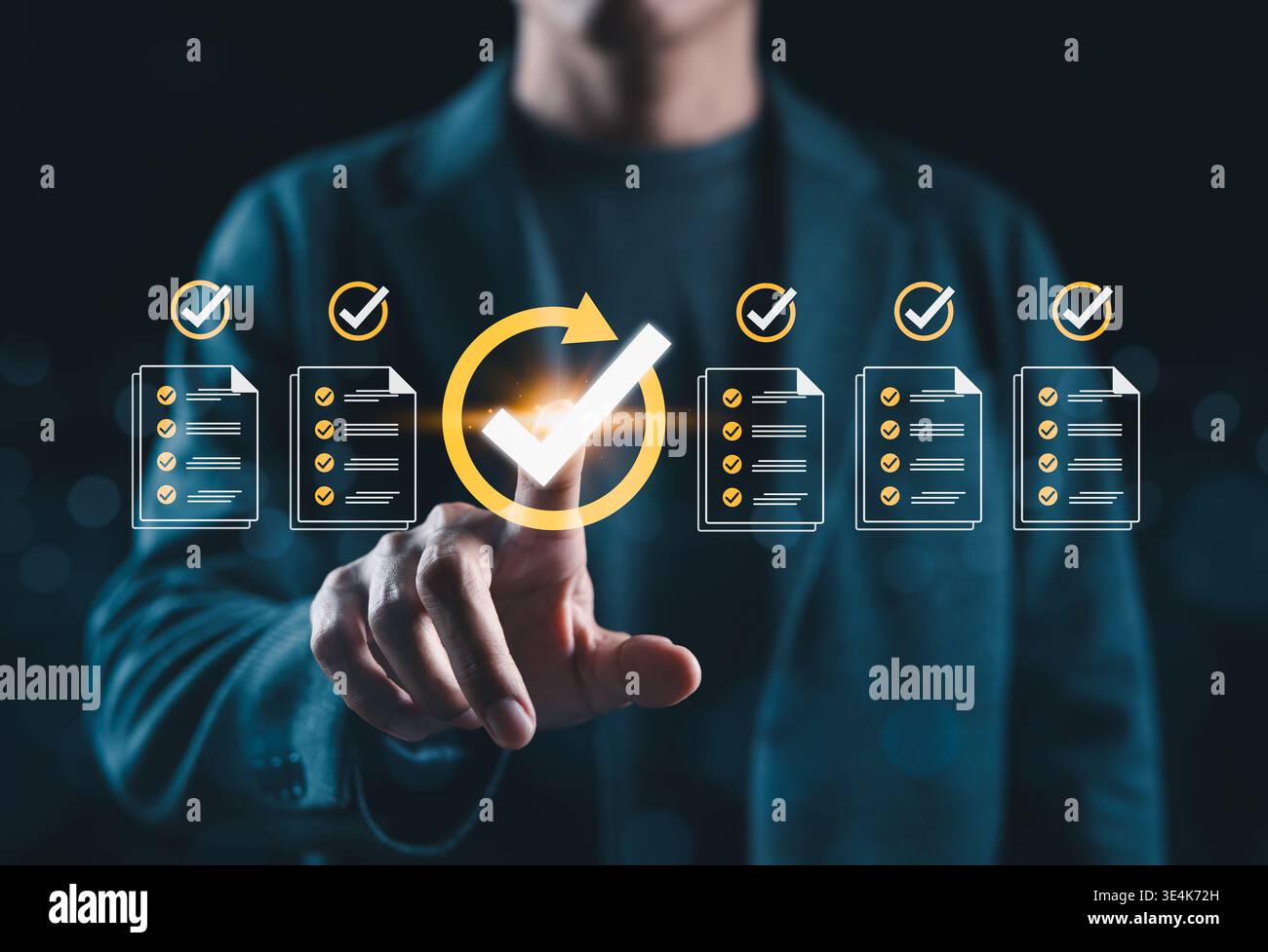Checklist Approval and Document Verification Concept. Check icons, verified documents, approval symbols, representing task completion, workflow Stock Photo