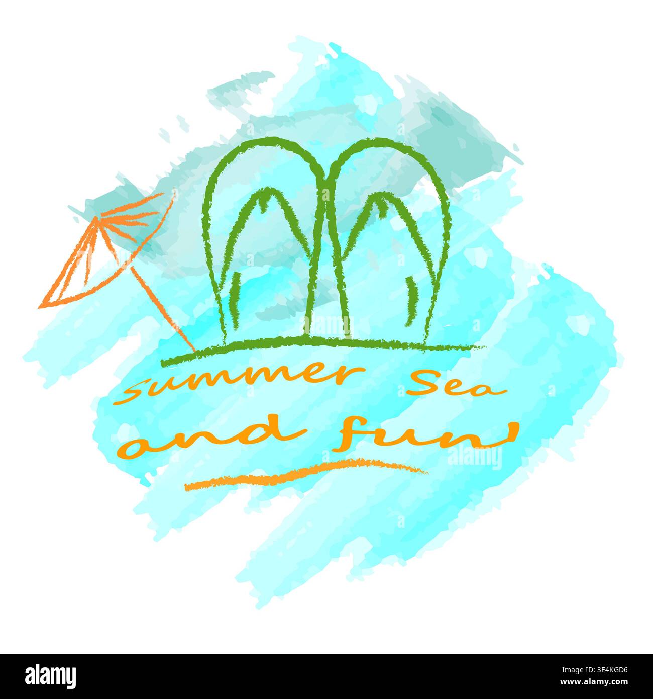 Summer nautical, fun watercolor illustration with flip-flops and umbrella Stock Photo