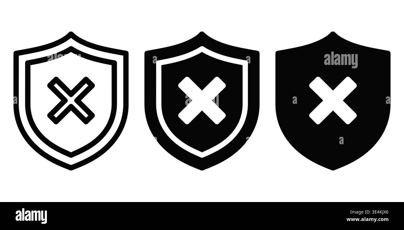 Three variations of a shield icon featuring a cross mark representing security failure or error Stock Vector