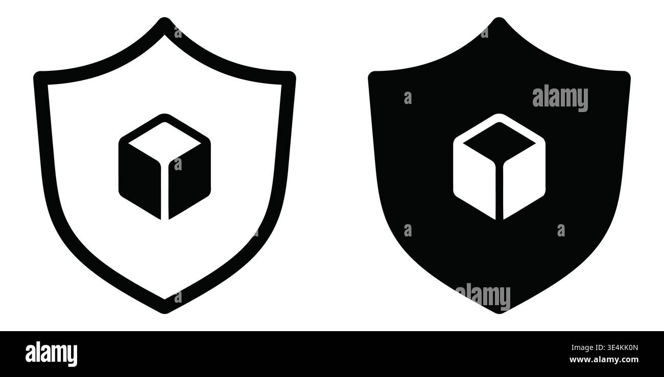 Two shield icons featuring a central cube symbol in outlined and solid black graphic styles Stock Vector
