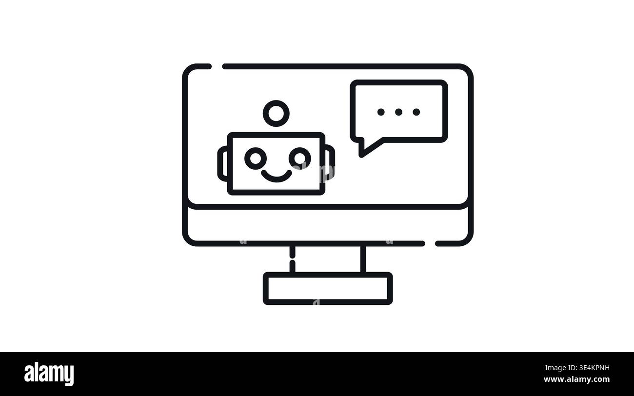 Desktop computer with smiling chatbot icon. Stock Vector