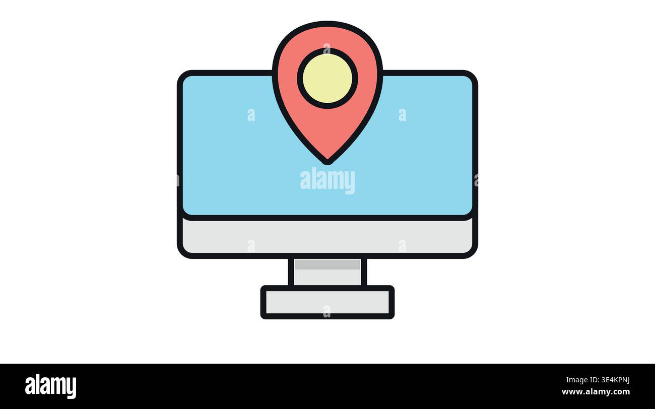 Desktop computer icon with location pin symbol in soft pastel colors ...