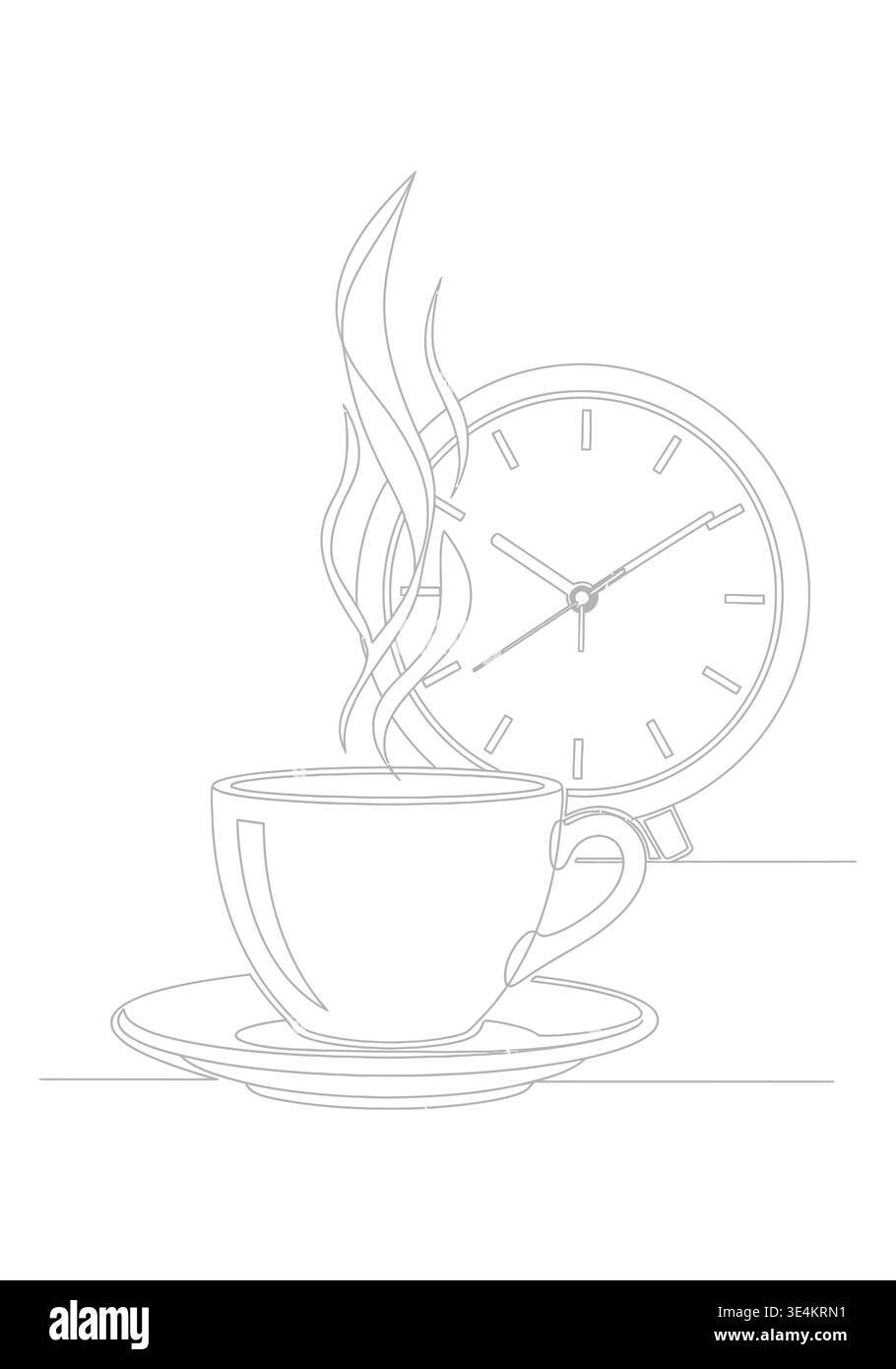 Steaming Coffee Cup with Clock Line Art Illustration Stock Vector