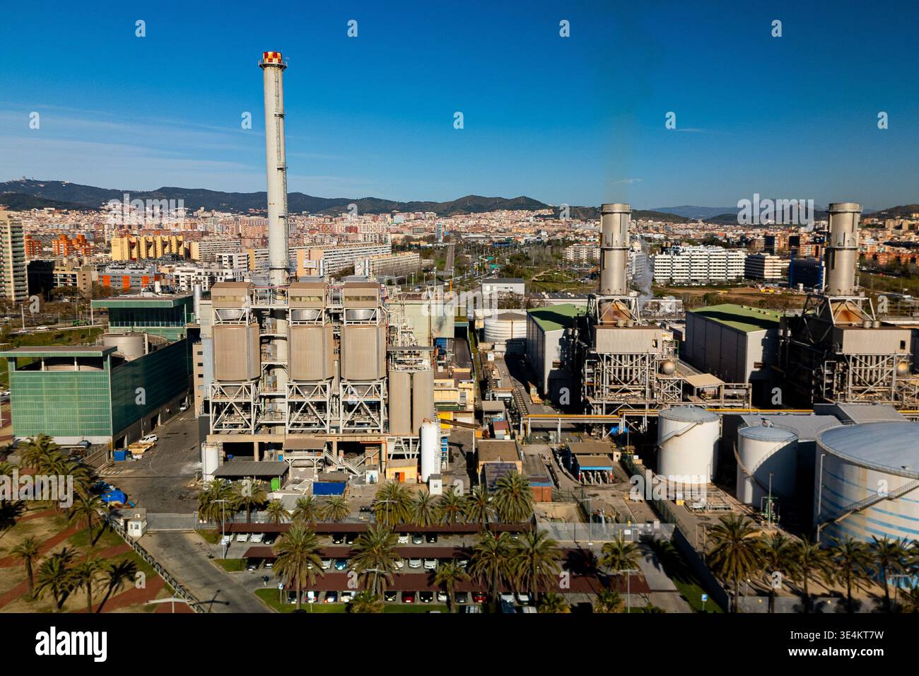 Barcelona, Spain. 27th Mar, 2026. A thermal energy power plant is seen in  the city outskirts. The infrastructure, owned by Endesa, uses natural gas  to produce electric power, whose costs have risen