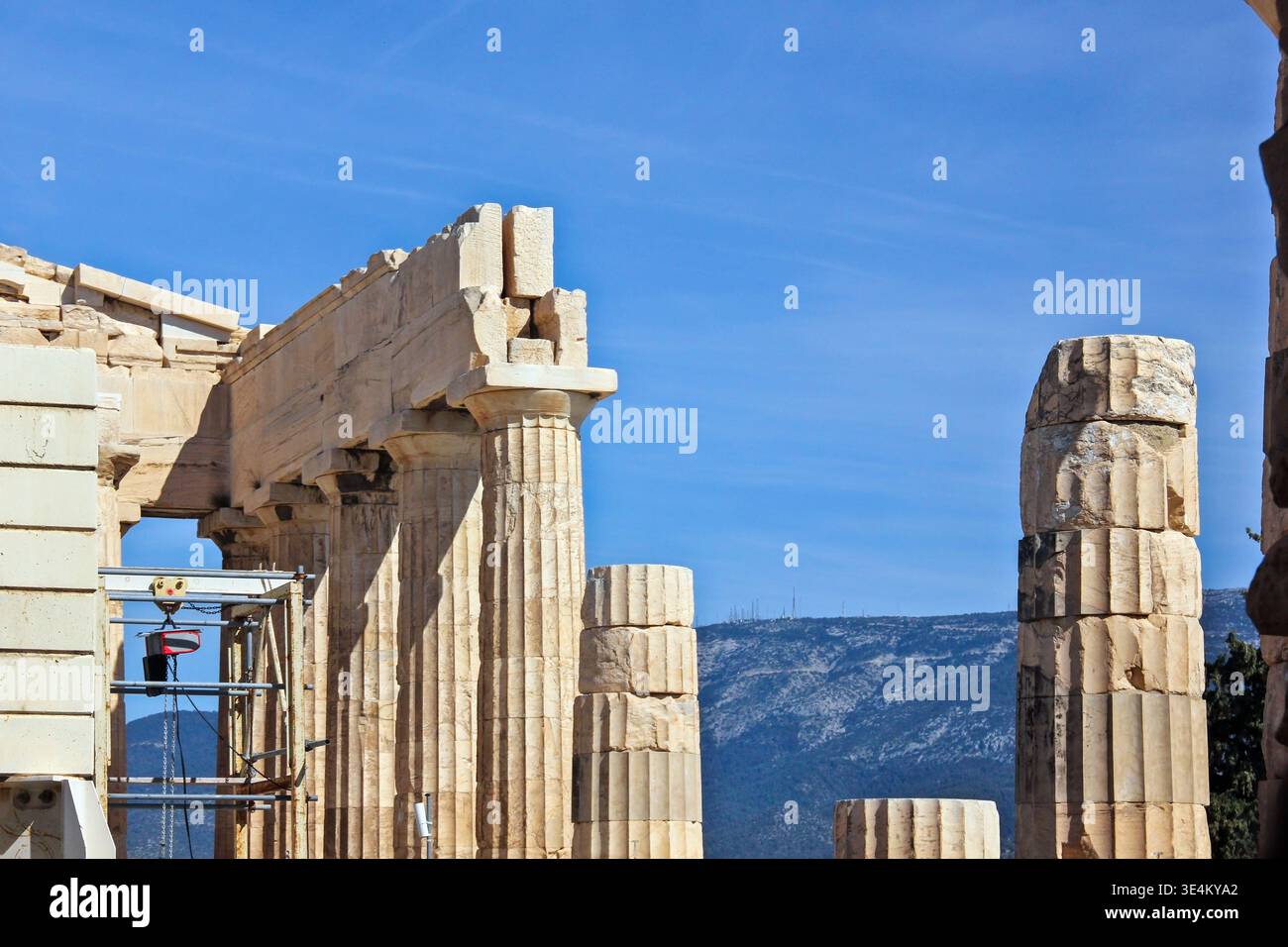 Interior view of the Parthenon on the Acropolis in Athens, Greece, with Doric columns, marble ruins, and restoration elements. Stock Photo