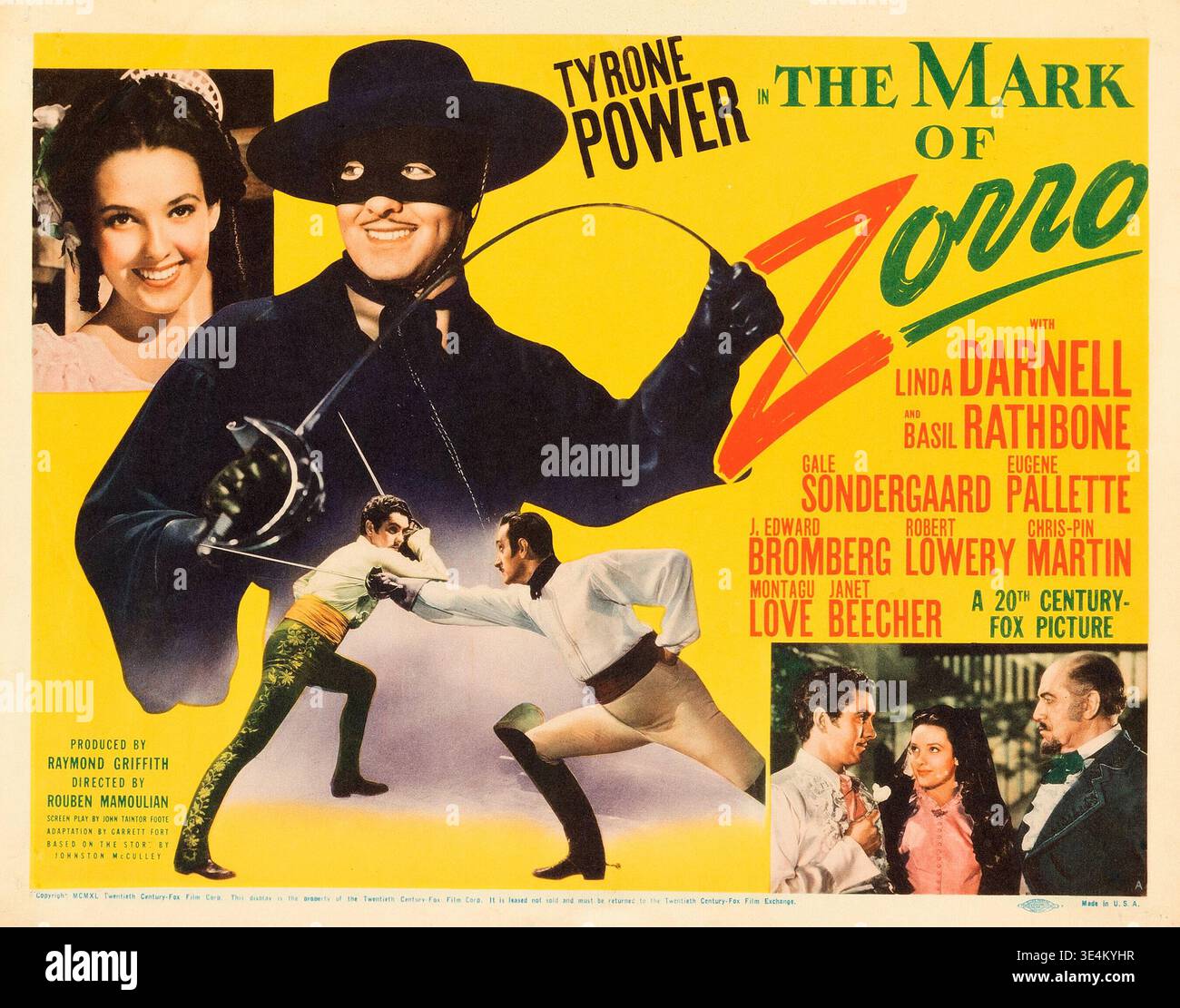 This vibrant 1940 film poster for "The Mark of Zorro" prominently features Tyrone Power as the ...
