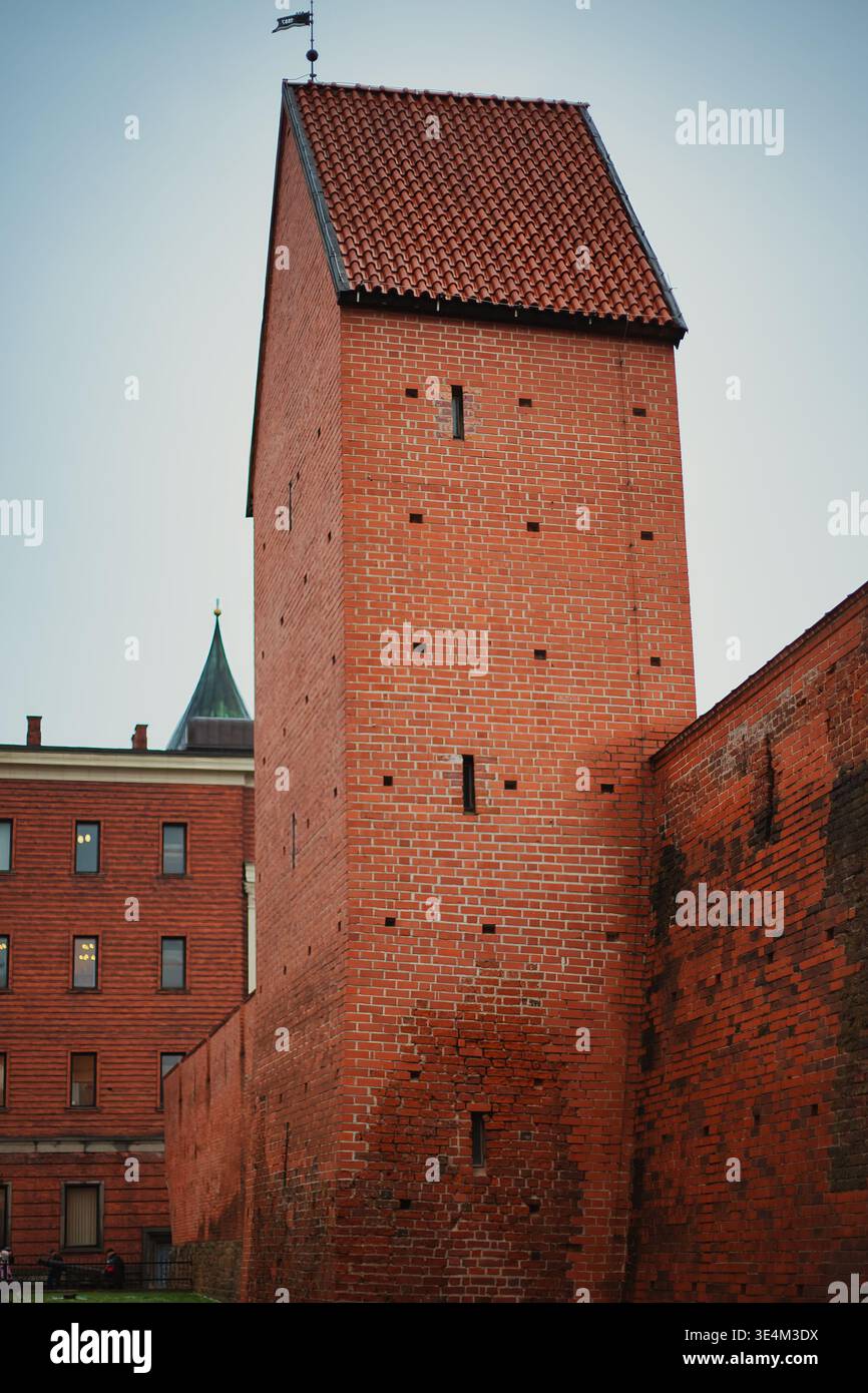 Slender Rectangular Building A vertical, eye-level architectural photograph of a medieval-style ...