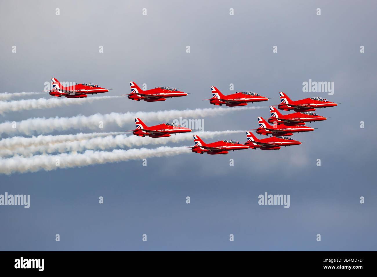 Ostrava, Czech Republic - September 18, 2025: Royal Air Force Red Arrows BAe Hawk T1 Nine-Ship Diamond Formation in Flight Over Ostrava OSR LKMT Stock Photo