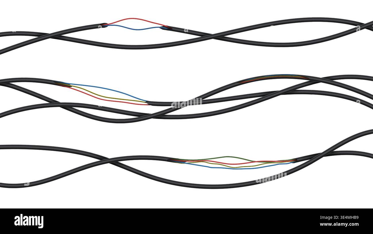 Vector Engineering Cable 3d power cables. Realistic electric wires, broken and torn energy ...