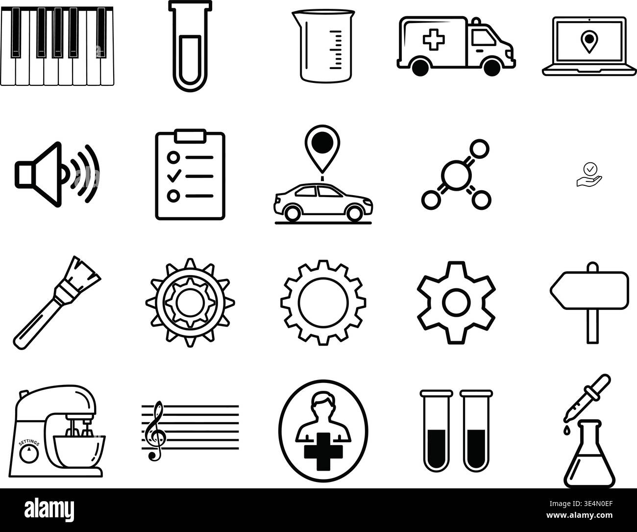 Set of Black and White Icons Representing Various Concepts and Activities Stock Vector