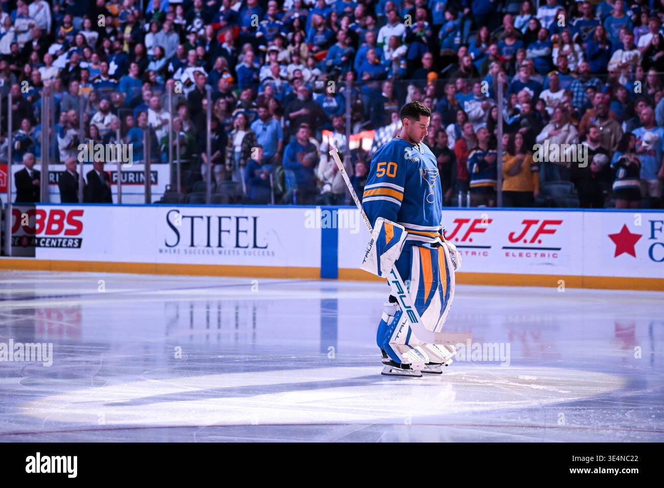 St. Louis Blues goaltender Jordan Binnington (50) stands during the ...