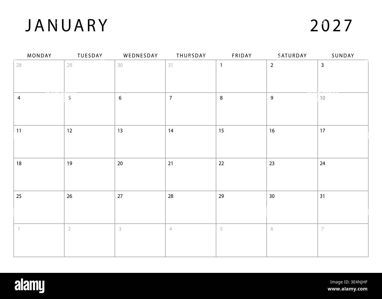 January 2027 monthly planner template. Monday start. Modern Annual Planner  Design for Print and Digital Use Stock Vector Image & Art - Alamy