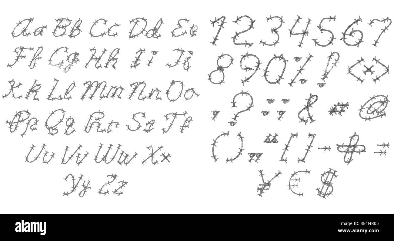 Barbed wire handwritten font alphabet with uppercase lowercase letters ...