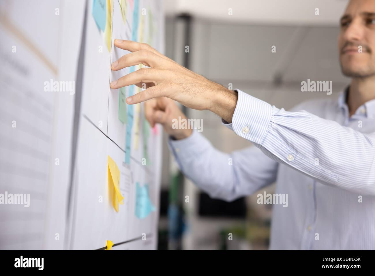 Closeup male business professional using whiteboard sticky notes at work Stock Photo
