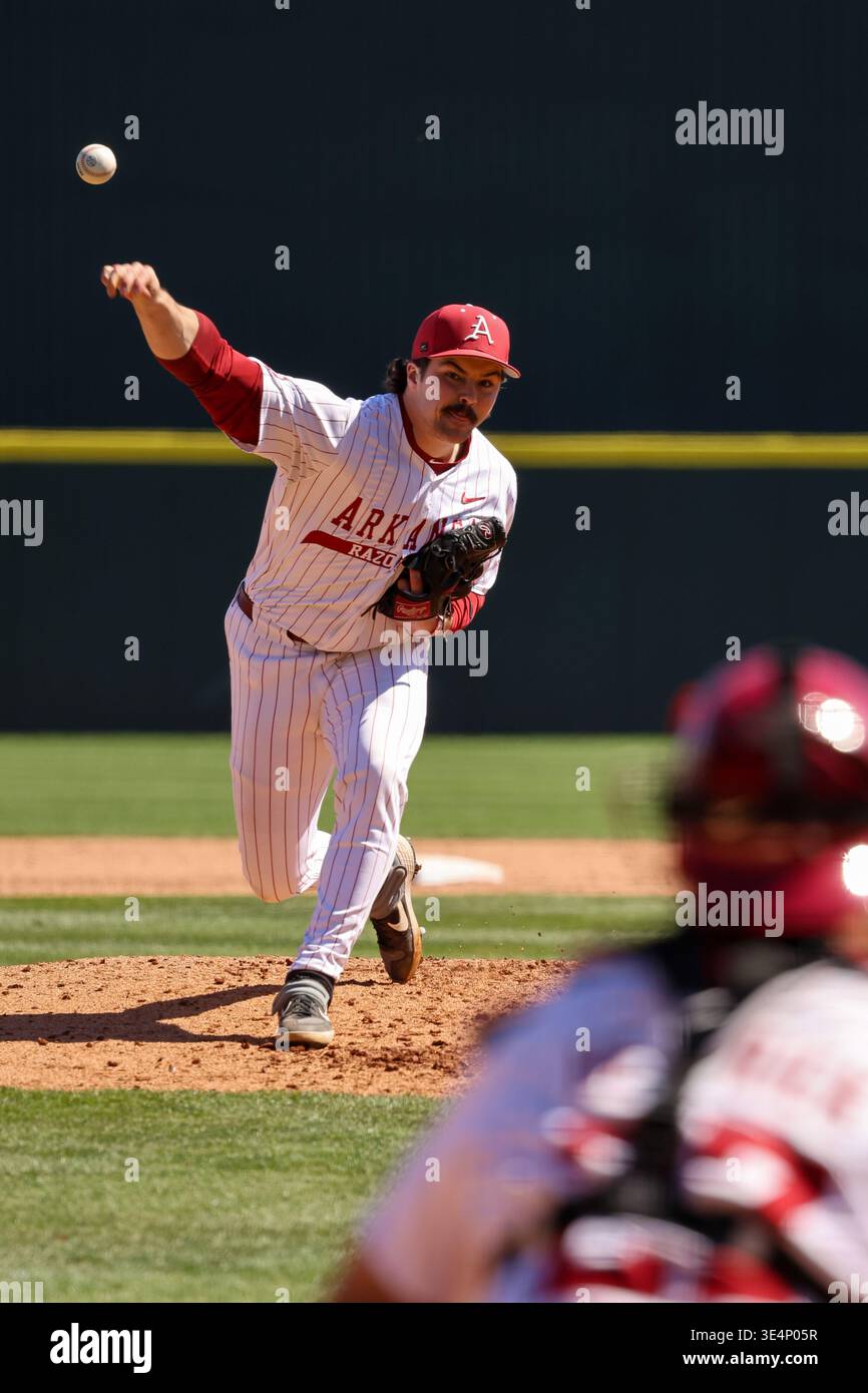 Defeated Razorback March 28, 2026: Razorback pitcher Cooper Dossett (48) releases the ball ...