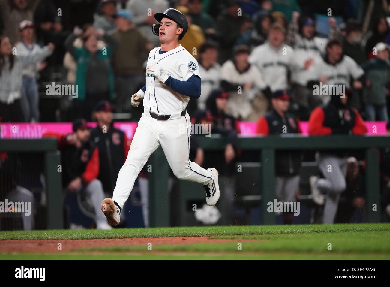 Seattle Mariners Cole Young Scores On An RBI Single From Julio Seattle Mariners Cole Young Scores On An Rbi Single From Julio Rodrguez To Tie Game Against The Cleveland Guardians During The Ninth Inning Of A Baseball Game Saturday March 28 2026 In Seattle Ap Wasson 3E4P7AG 