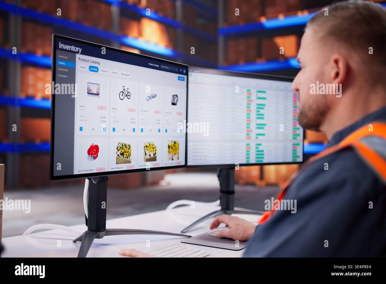 Warehouse Staff Using Barcode Scanner To Update Parcel Inventory In Logistics Facility Stock Photo