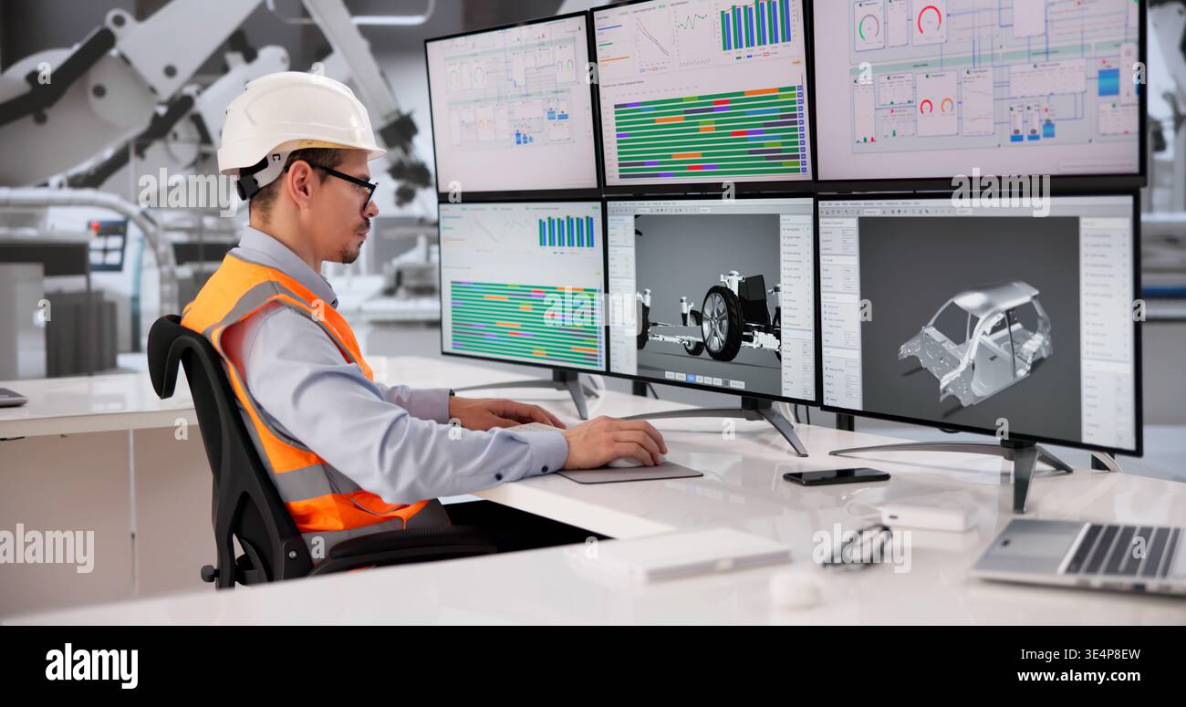 Automotive Engineer Developing Precision Car Components With CAD Software On Desktop Computer Stock Photo